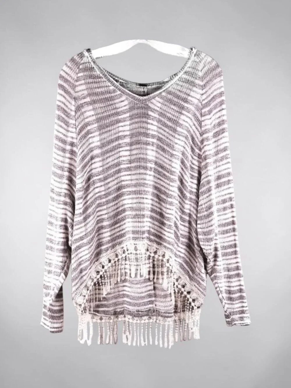 POOF Gray White Striped Lightweight Hooded Fringe Pullover Cover Up Small